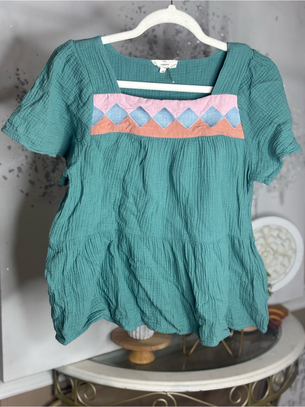 Entro Retro Teal Embroidered Peasant Top - Women's Teal Top